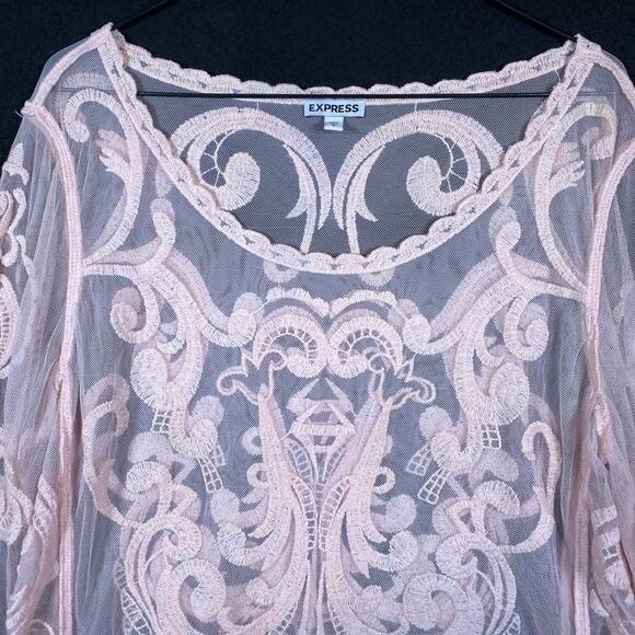 Express Womens Blouse Pink Lace Floral Mesh Sheer Long Sleeve Boat Neck Large - Picture 4 of 14